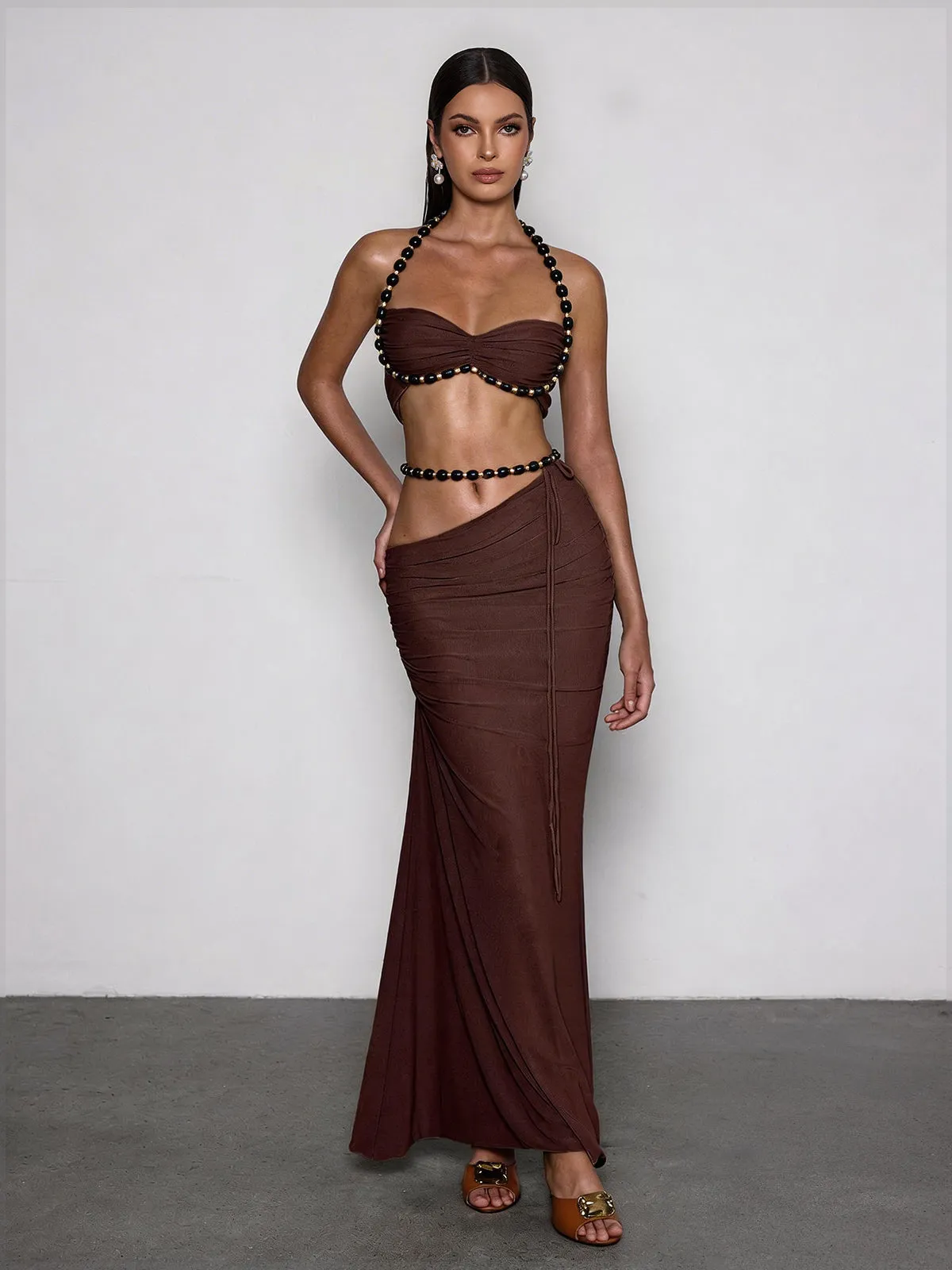 Eryna Halterneck Ruched Skirt Set In Coffee sold by Mew Mews product image thumbnail 3