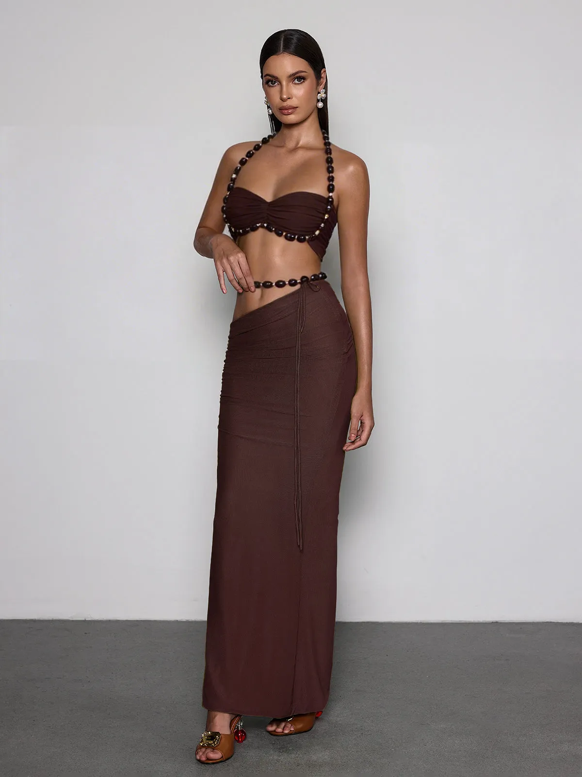 Eryna Halterneck Ruched Skirt Set In Coffee sold by Mew Mews product image thumbnail 4