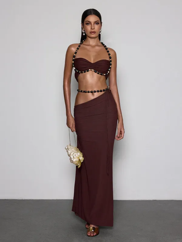 Eryna Halterneck Ruched Skirt Set In Coffee made by Mew Mews