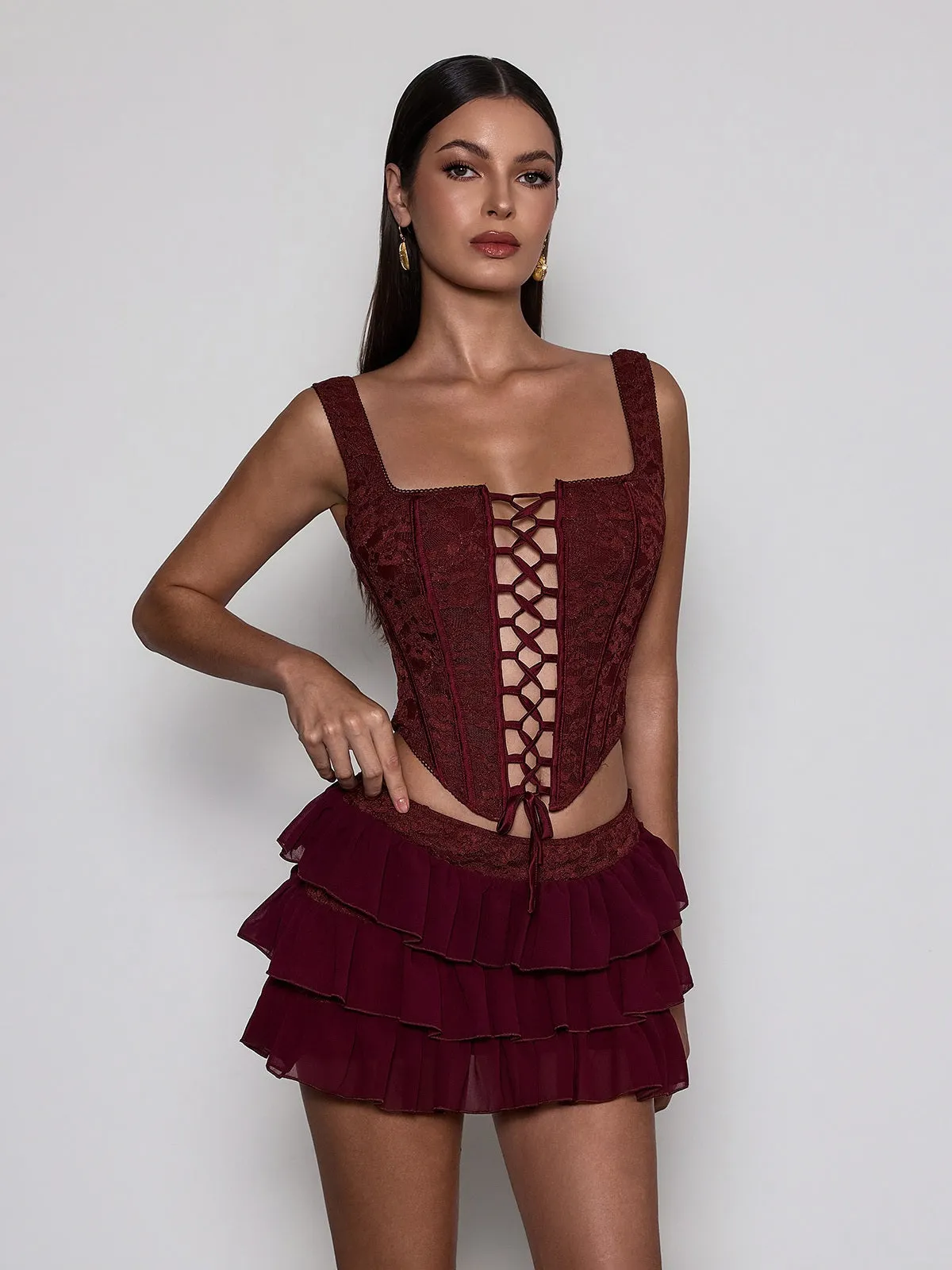 Delyxor Corset Lace Up Tiered Skirt Set sold by Mew Mews