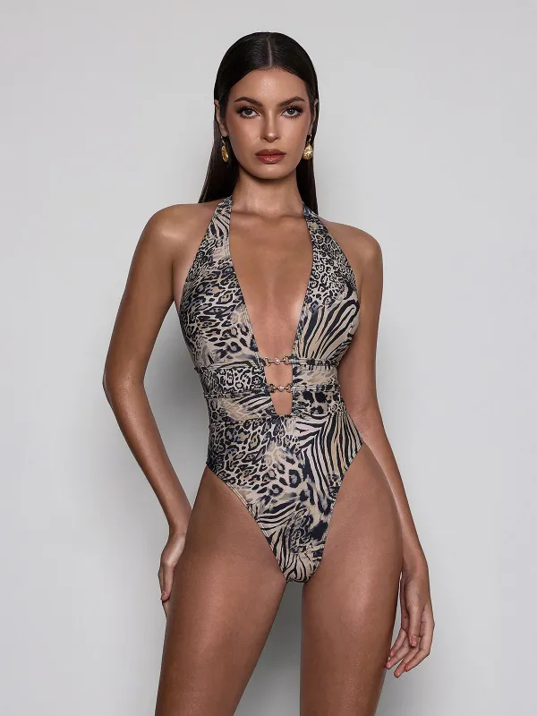 Cavelyn Plunge Neck Animal Printed Bodysuit made by Mew Mews