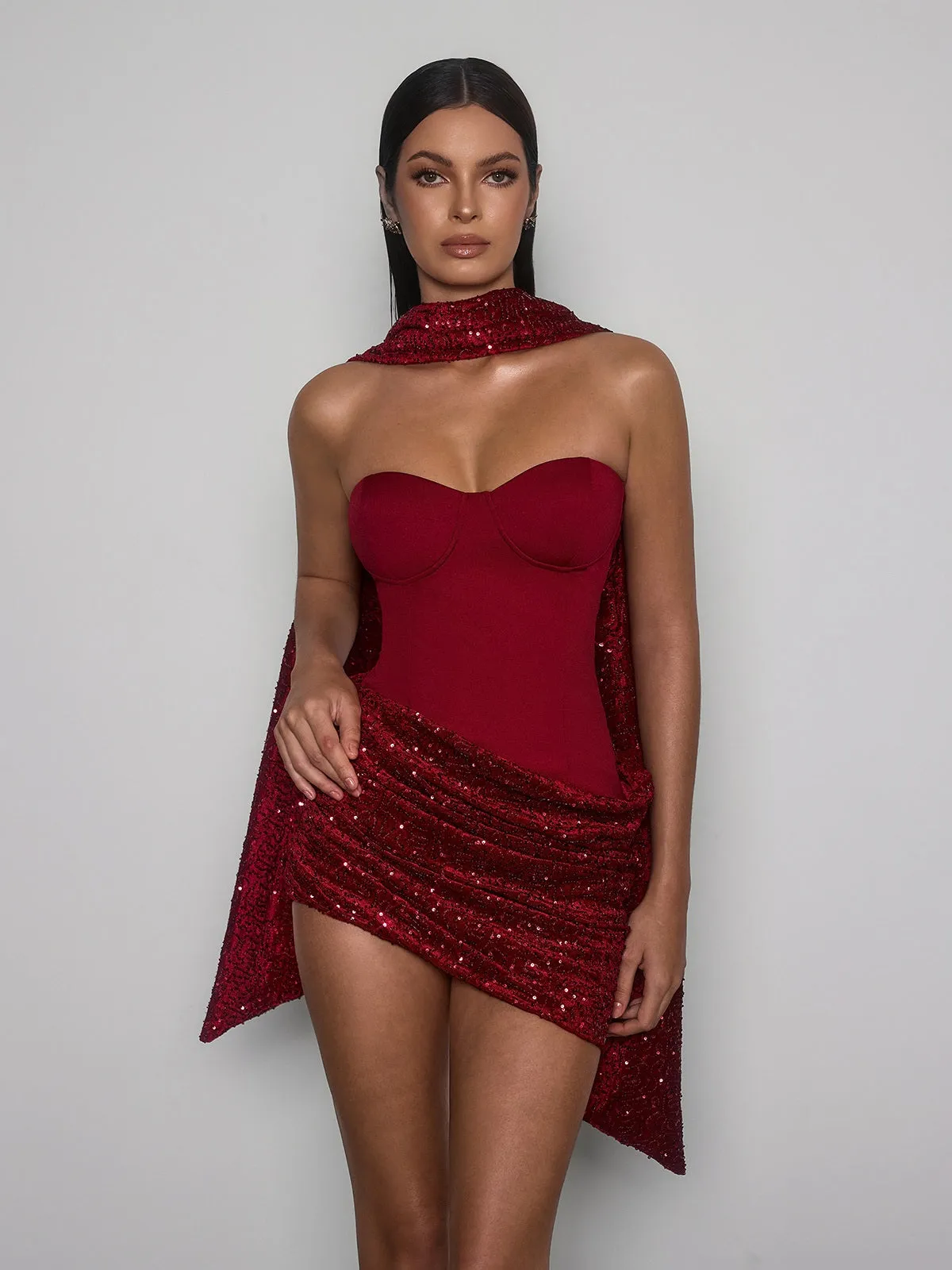 Cevorin Strapless Scarf Sequin Mini Dress sold by Mew Mews