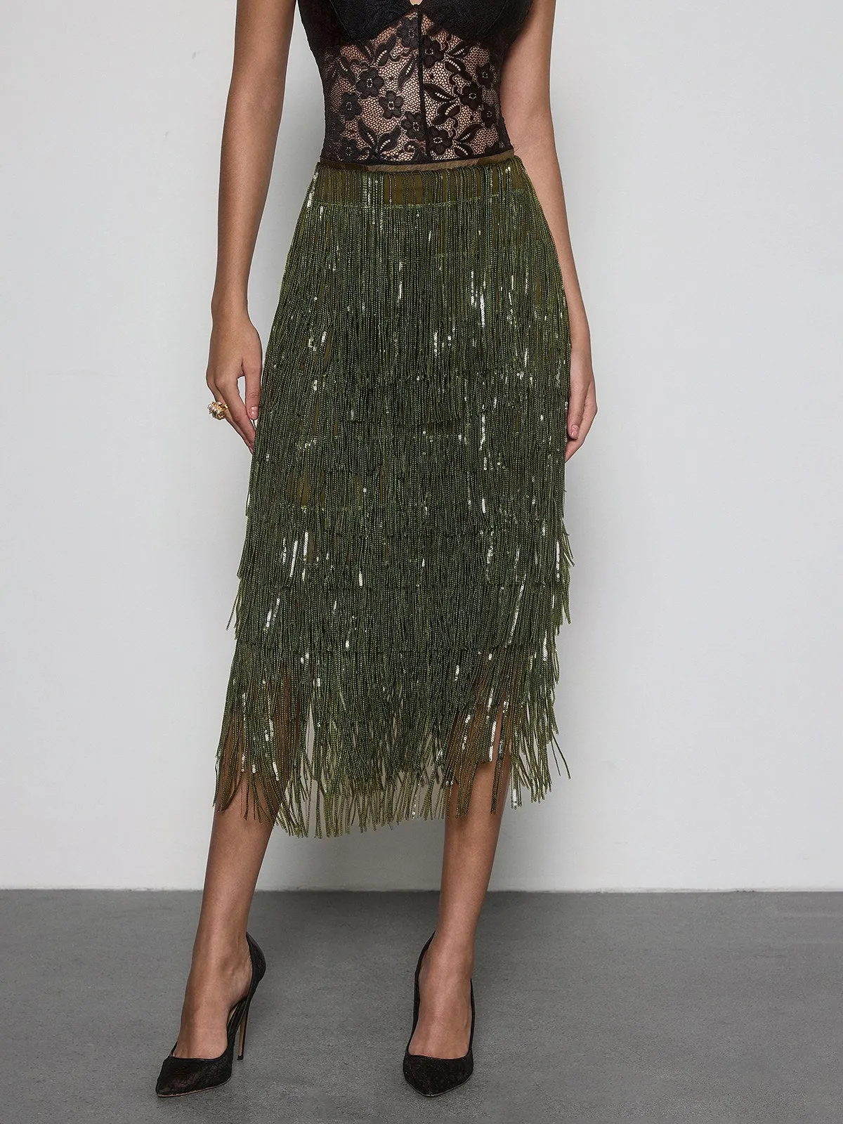 Vynell Fringe Sequin Skirt sold by Mew Mews