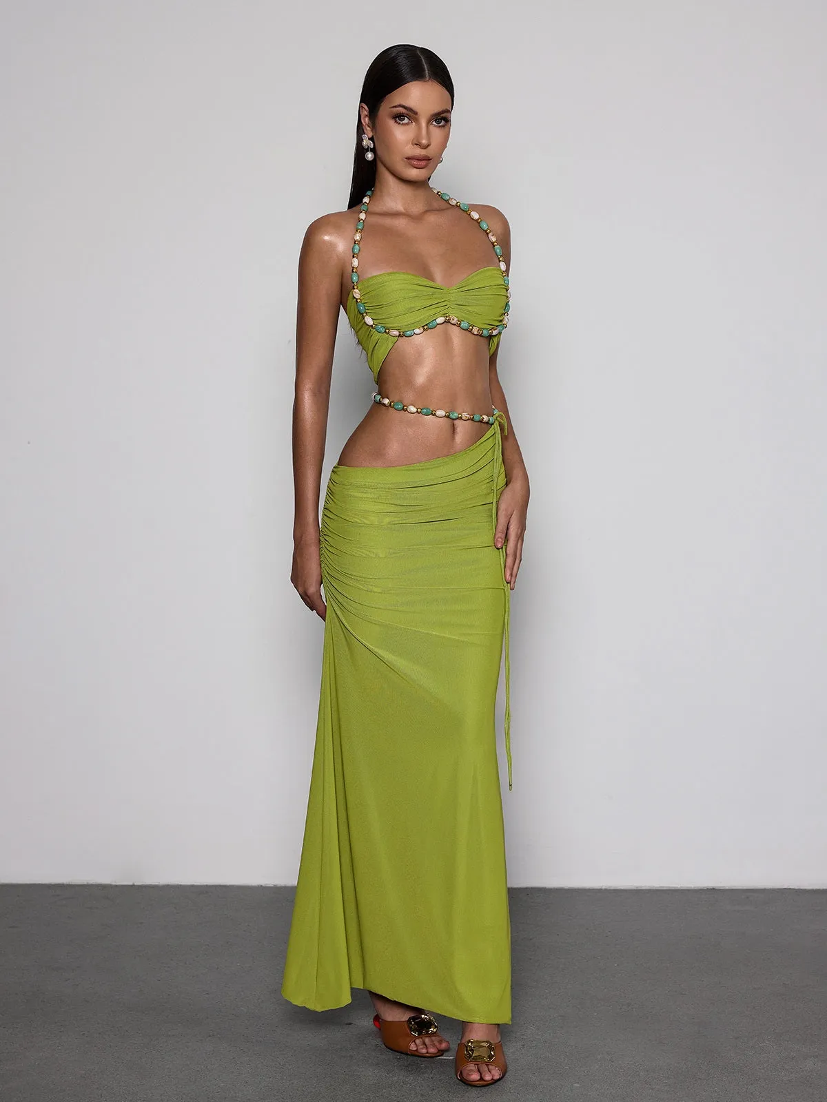 Eryna Halterneck Ruched Skirt Set In Chartreuse sold by Mew Mews product image thumbnail 4