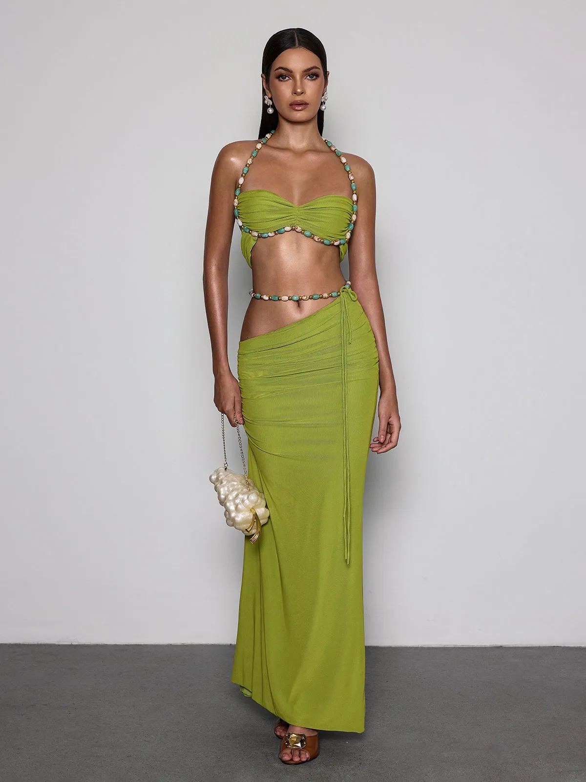 Eryna Halterneck Ruched Skirt Set In Chartreuse sold by Mew Mews product image thumbnail 3