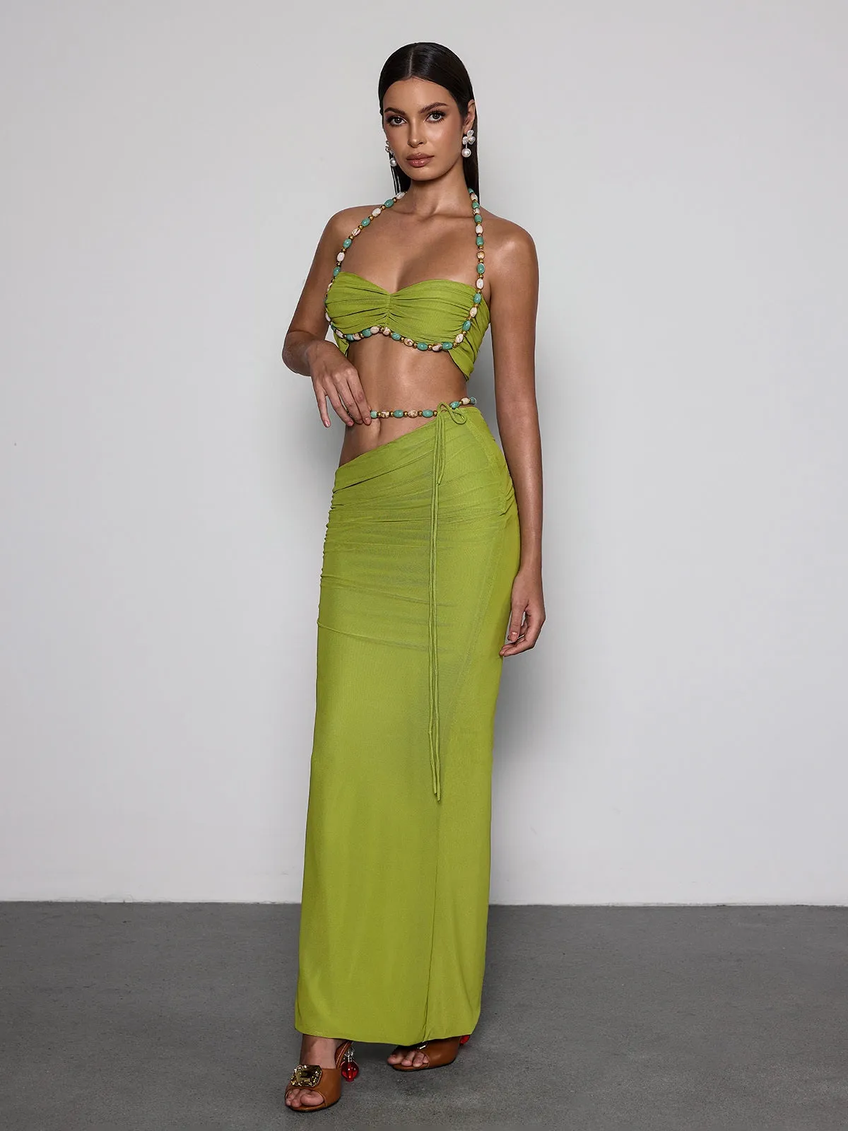 Eryna Halterneck Ruched Skirt Set In Chartreuse sold by Mew Mews product image thumbnail 2