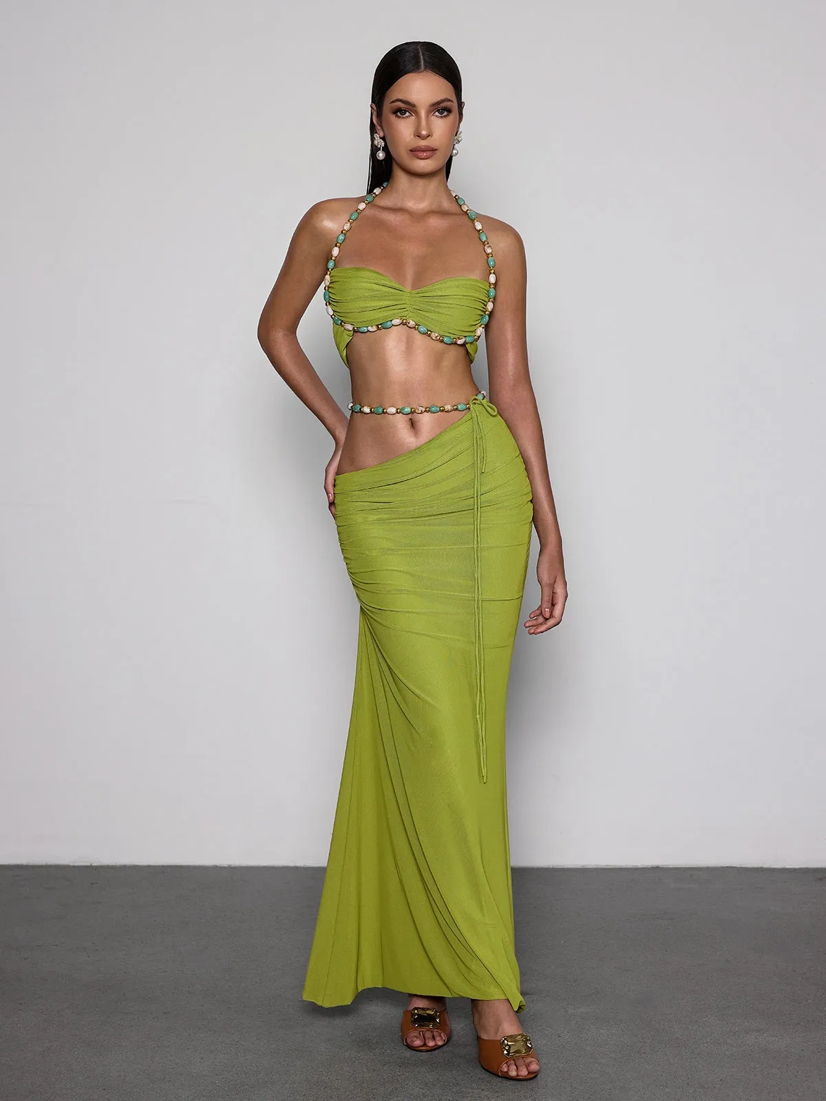 Eryna Halterneck Ruched Skirt Set In Chartreuse sold by Mew Mews