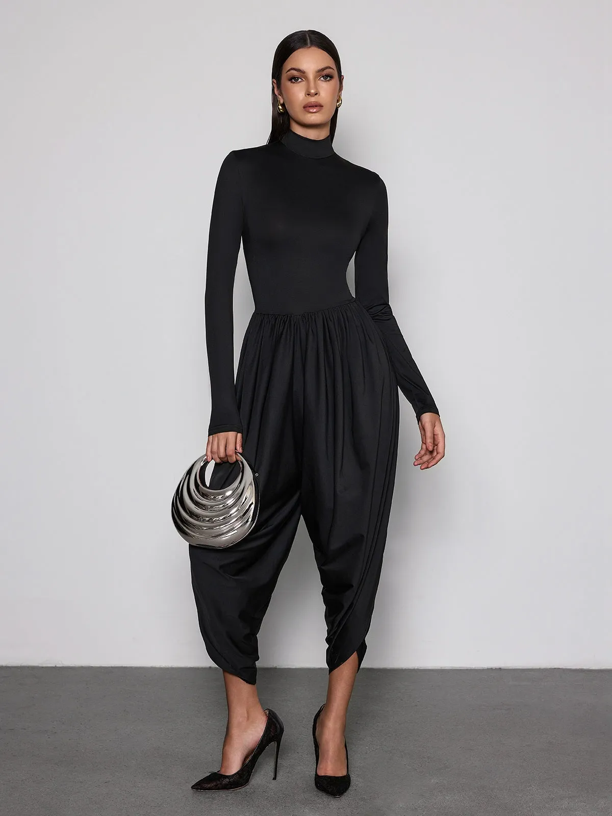 Laurien Long Sleeve Ruched Jumpsuit In Black sold by Mew Mews