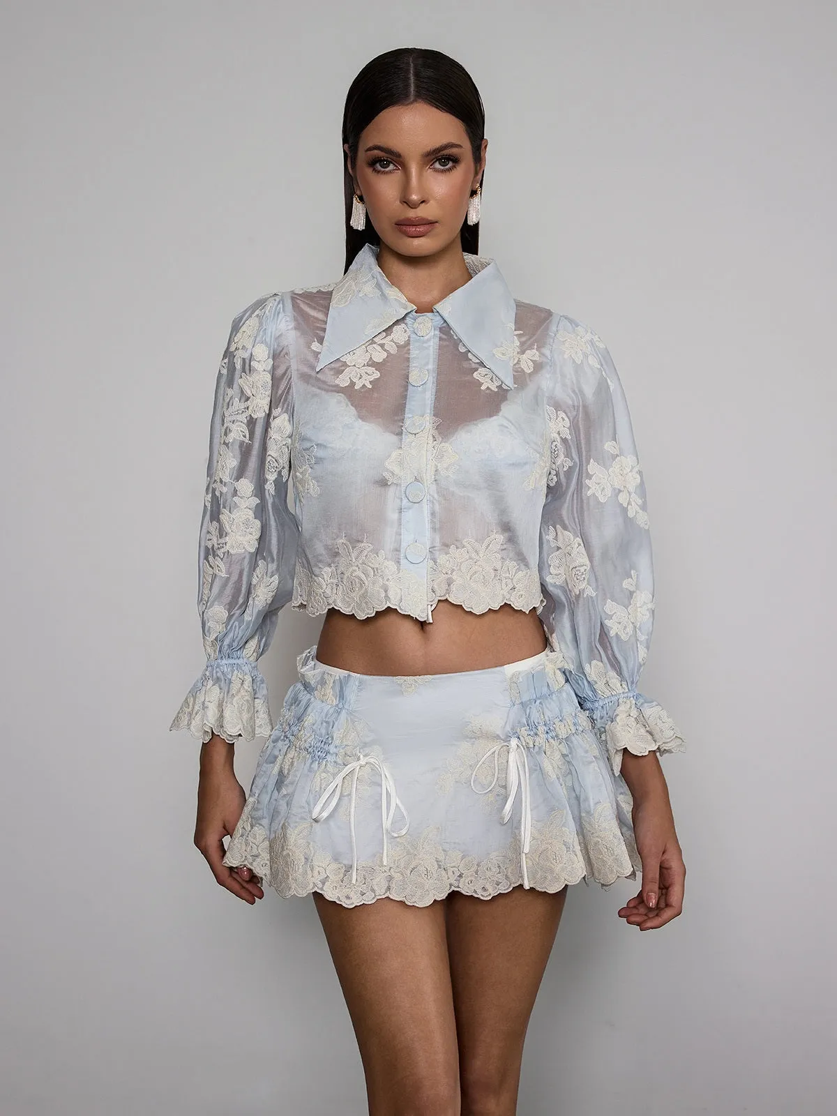 Velyxyn Balloon Sleeve Floral Embroidered Skirt Set sold by Mew Mews product image thumbnail 5