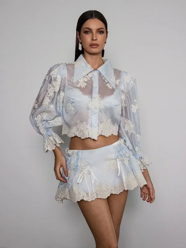 Velyxyn Balloon Sleeve Floral Embroidered Skirt Set sold by Mew Mews