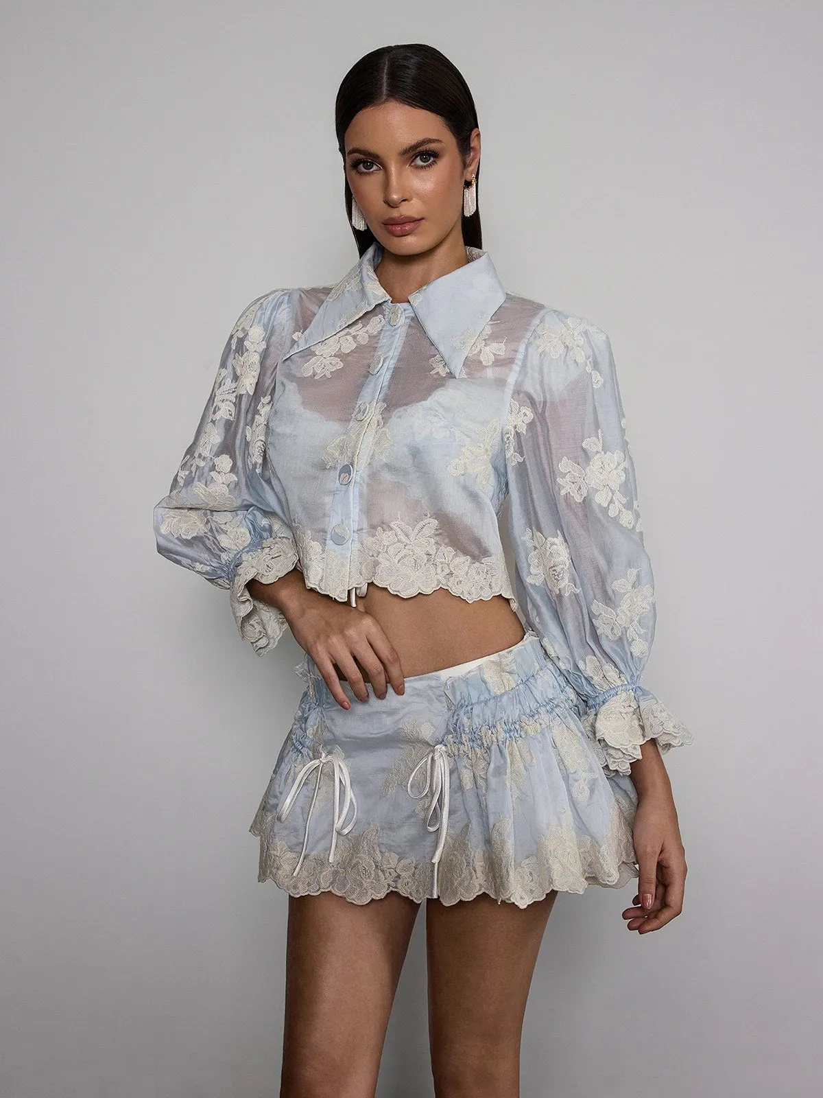 Velyxyn Balloon Sleeve Floral Embroidered Skirt Set sold by Mew Mews product image thumbnail 3