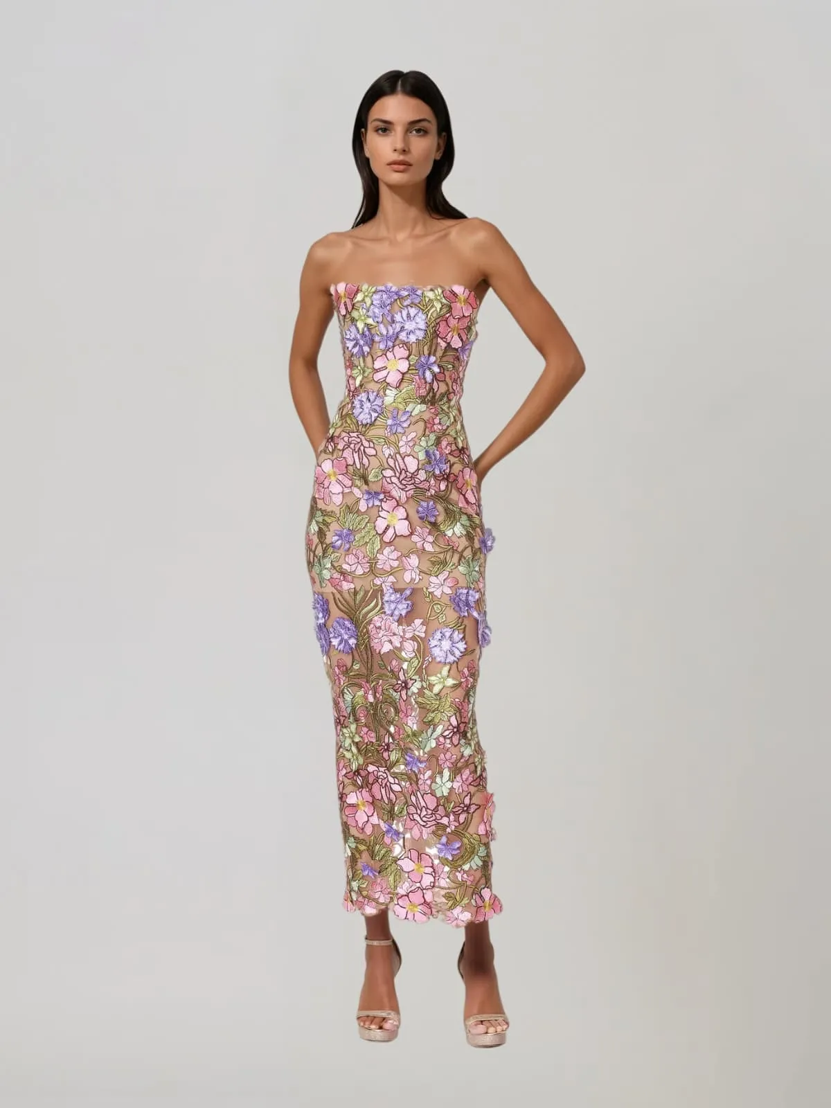 Eldrith Strapless Floral Embroidered Maxi Dress sold by Mew Mews