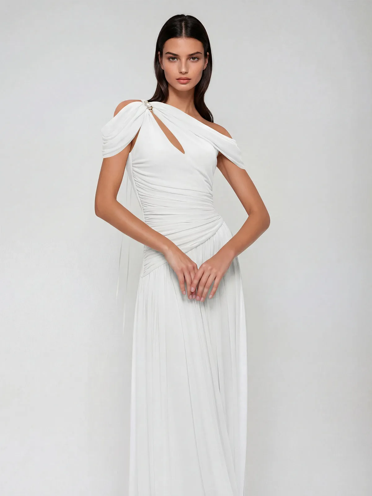 Nexoryn One Shoulder Ruched Maxi Dress In White sold by Mew Mews product image thumbnail 4