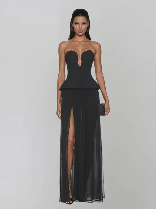 Loryqen Strapless Split Mesh Maxi Dress sold by Mew Mews