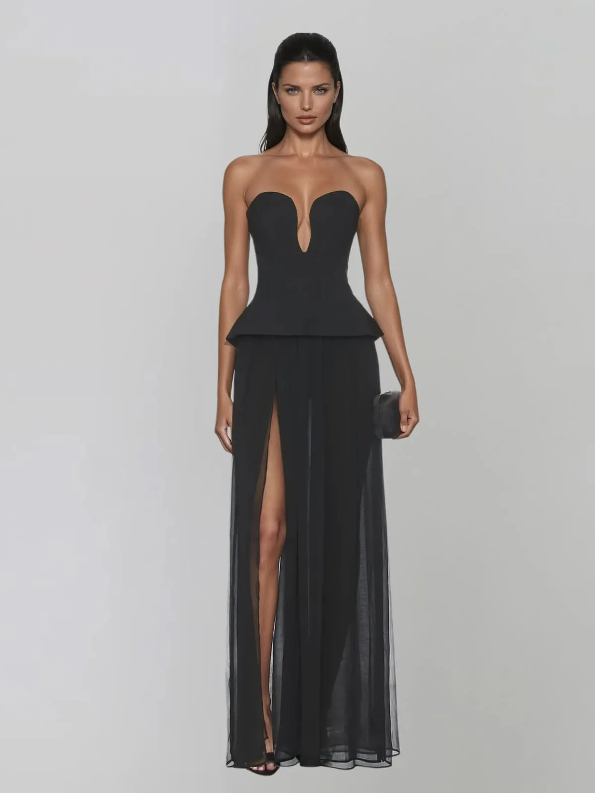 Loryqen Strapless Split Mesh Maxi Dress sold by Mew Mews