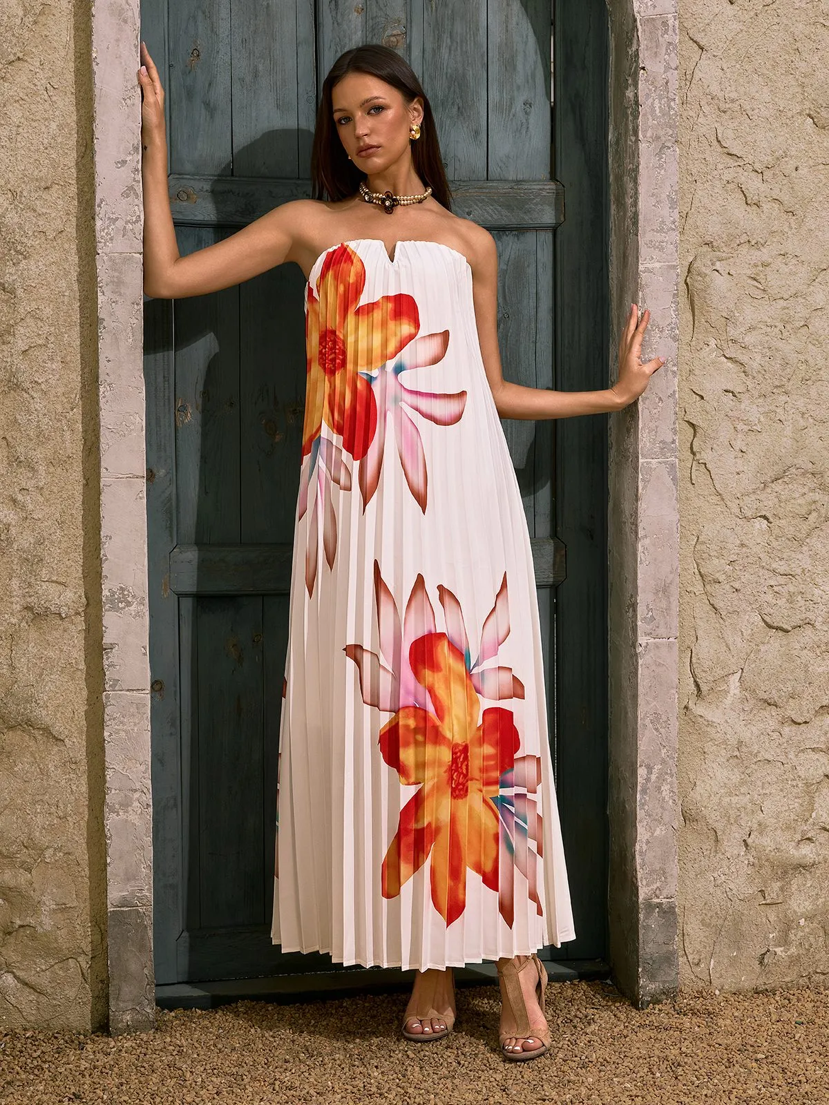 Devlin Strapless Floral Pleated Maxi Dress sold by Mew Mews