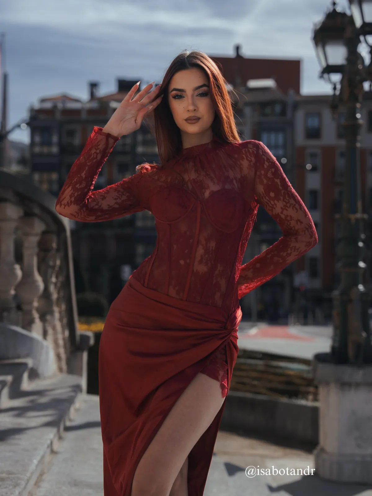Cynosure High Neck Lace Maxi Dress In Red sold by Mew Mews