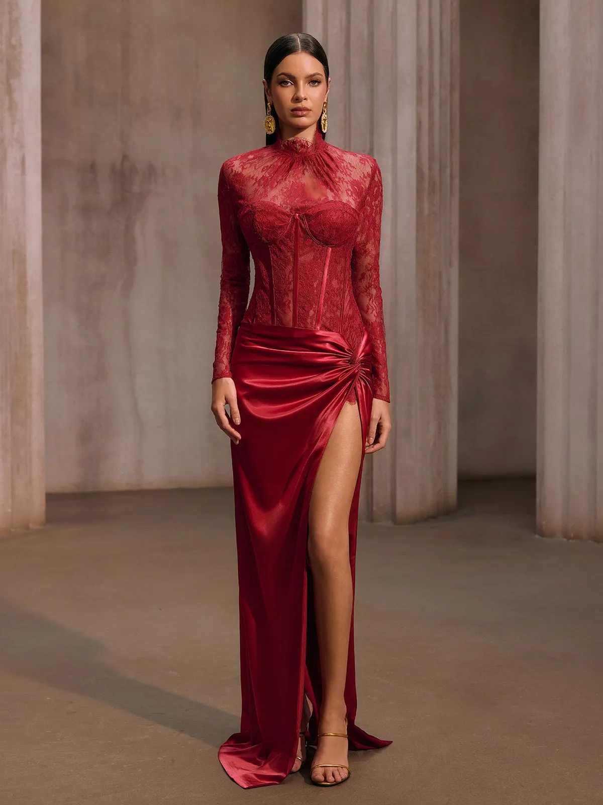 Cynosure High Neck Lace Maxi Dress In Red sold by Mew Mews product image thumbnail 4