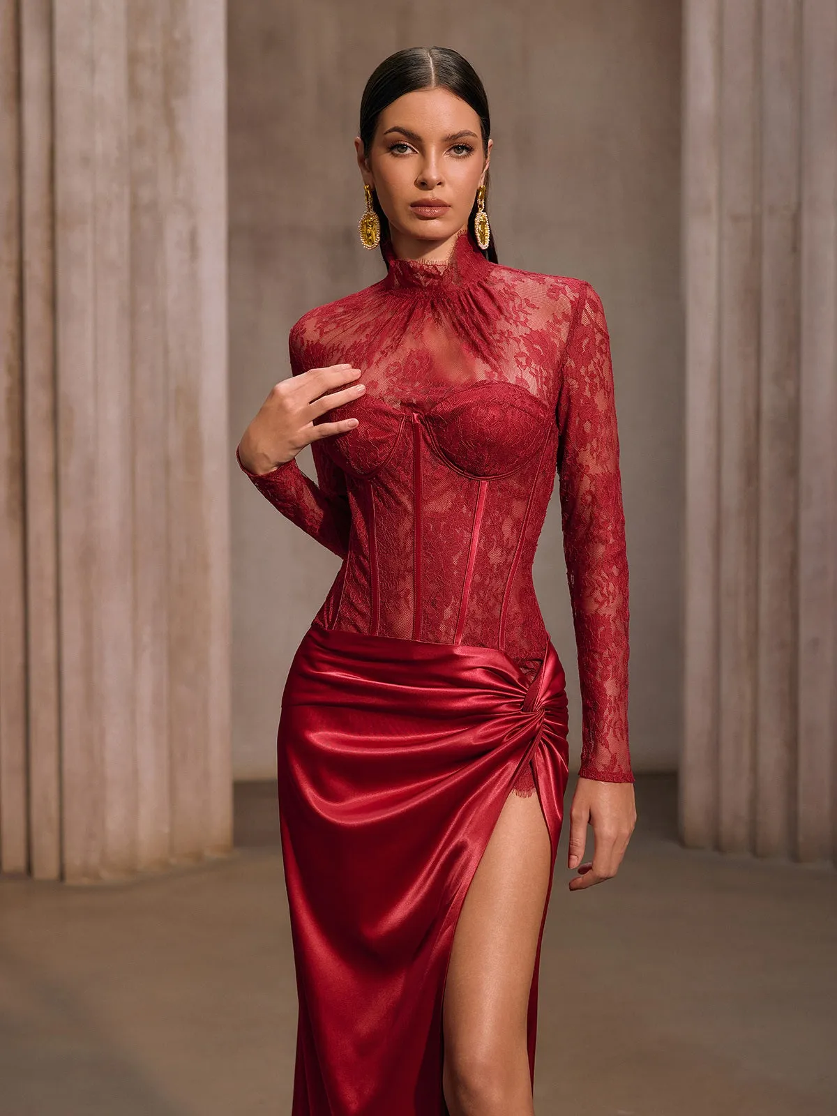 Cynosure High Neck Lace Maxi Dress In Red sold by Mew Mews product image thumbnail 3