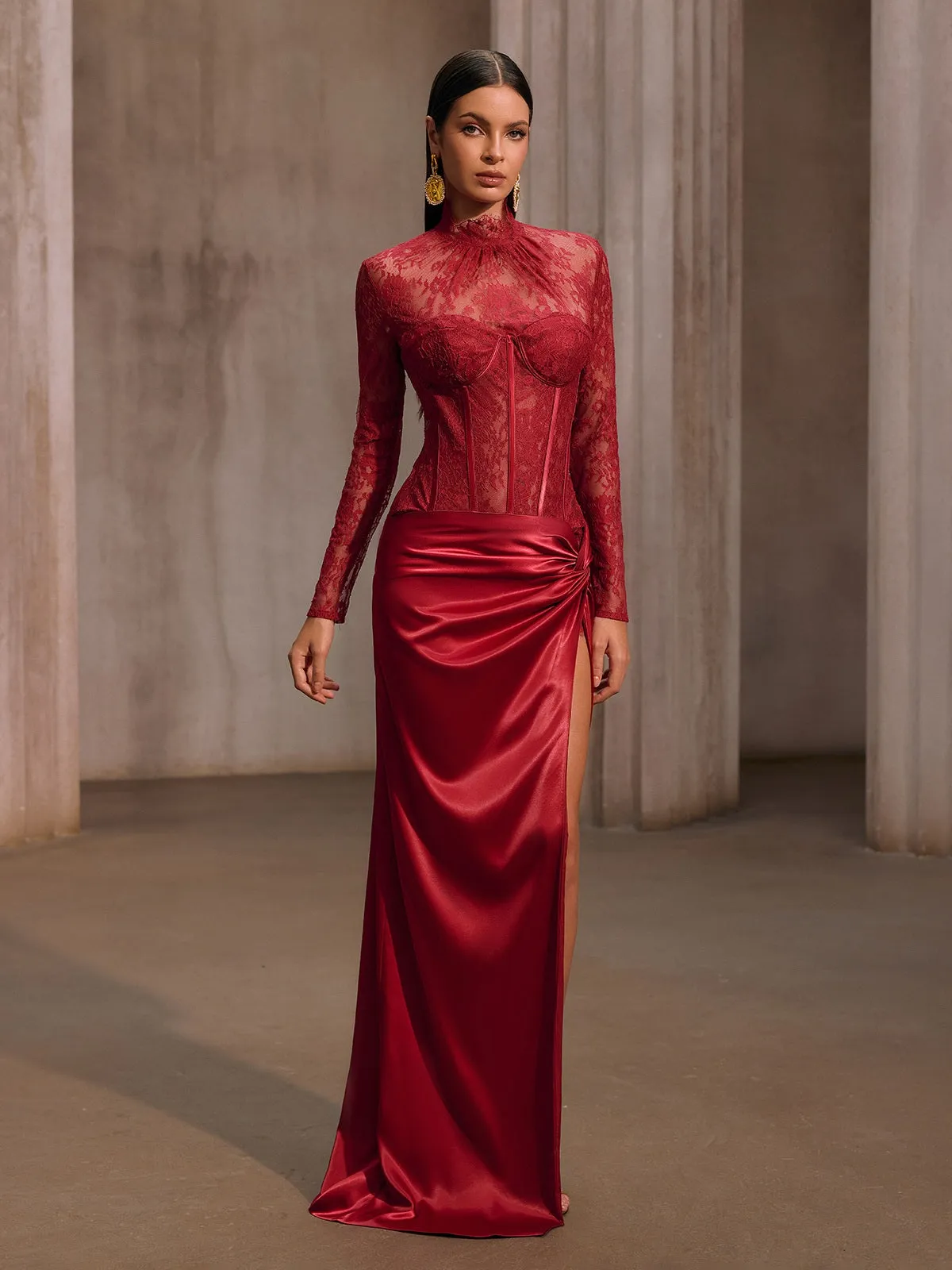 Cynosure High Neck Lace Maxi Dress In Red sold by Mew Mews product image thumbnail 2