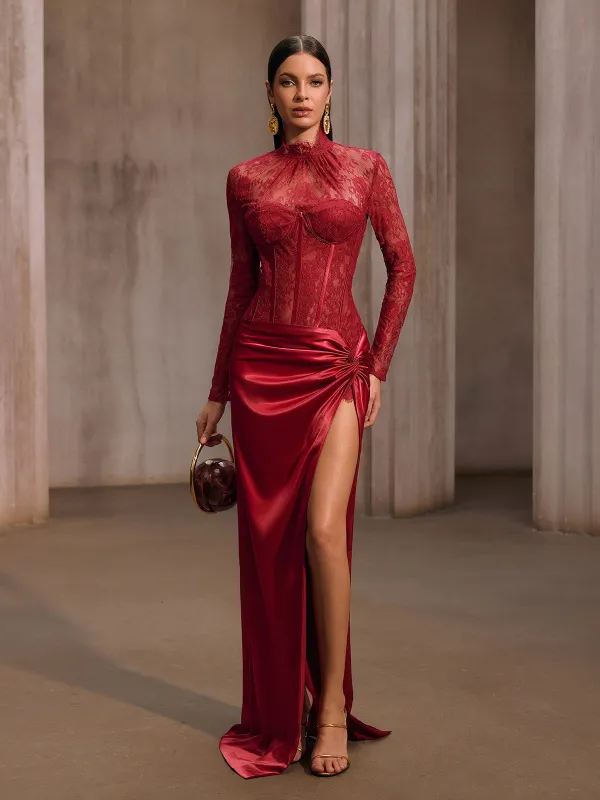 Cynosure High Neck Lace Maxi Dress In Red made by Mew Mews