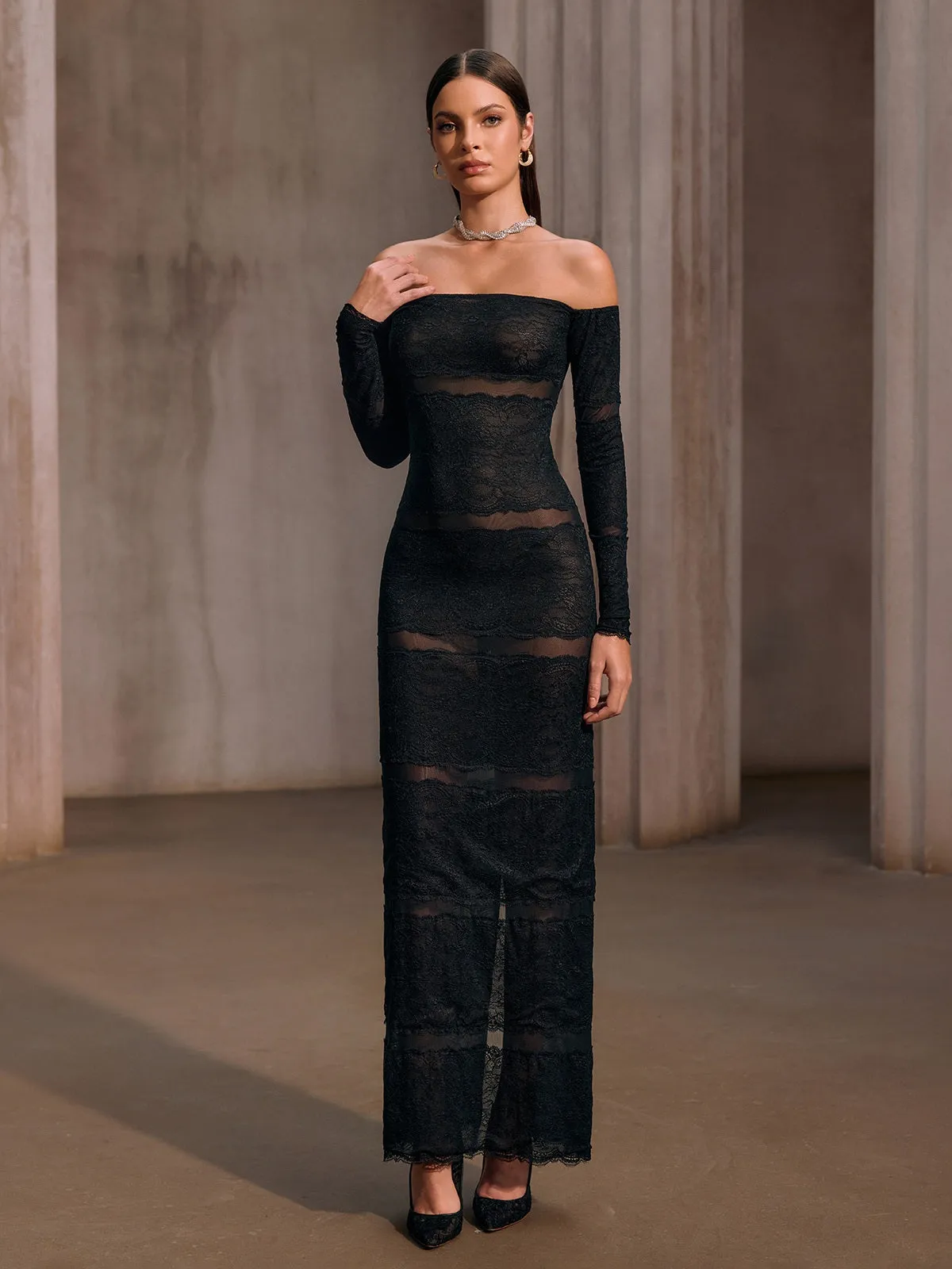 Hirnox Off Shoulder Mesh Lace Maxi Dress sold by Mew Mews product image thumbnail 2