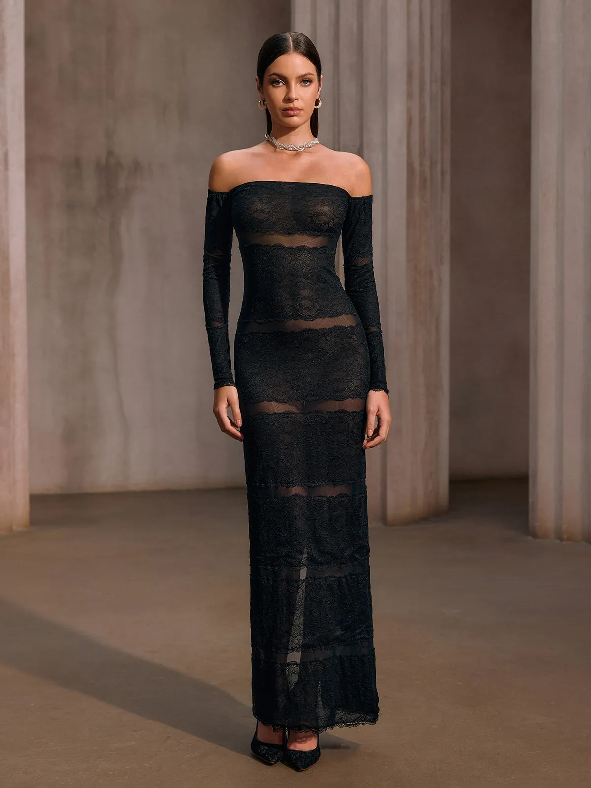 Hirnox Off Shoulder Mesh Lace Maxi Dress sold by Mew Mews