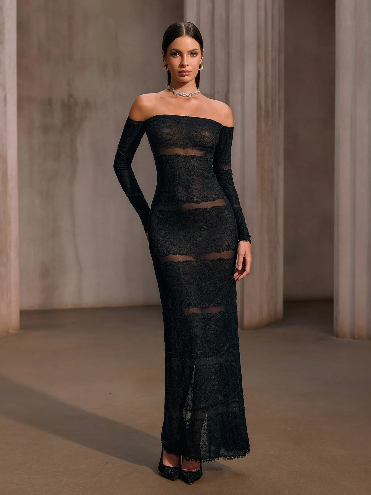 Hirnox Off Shoulder Mesh Lace Maxi Dress sold by Mew Mews product image thumbnail 3