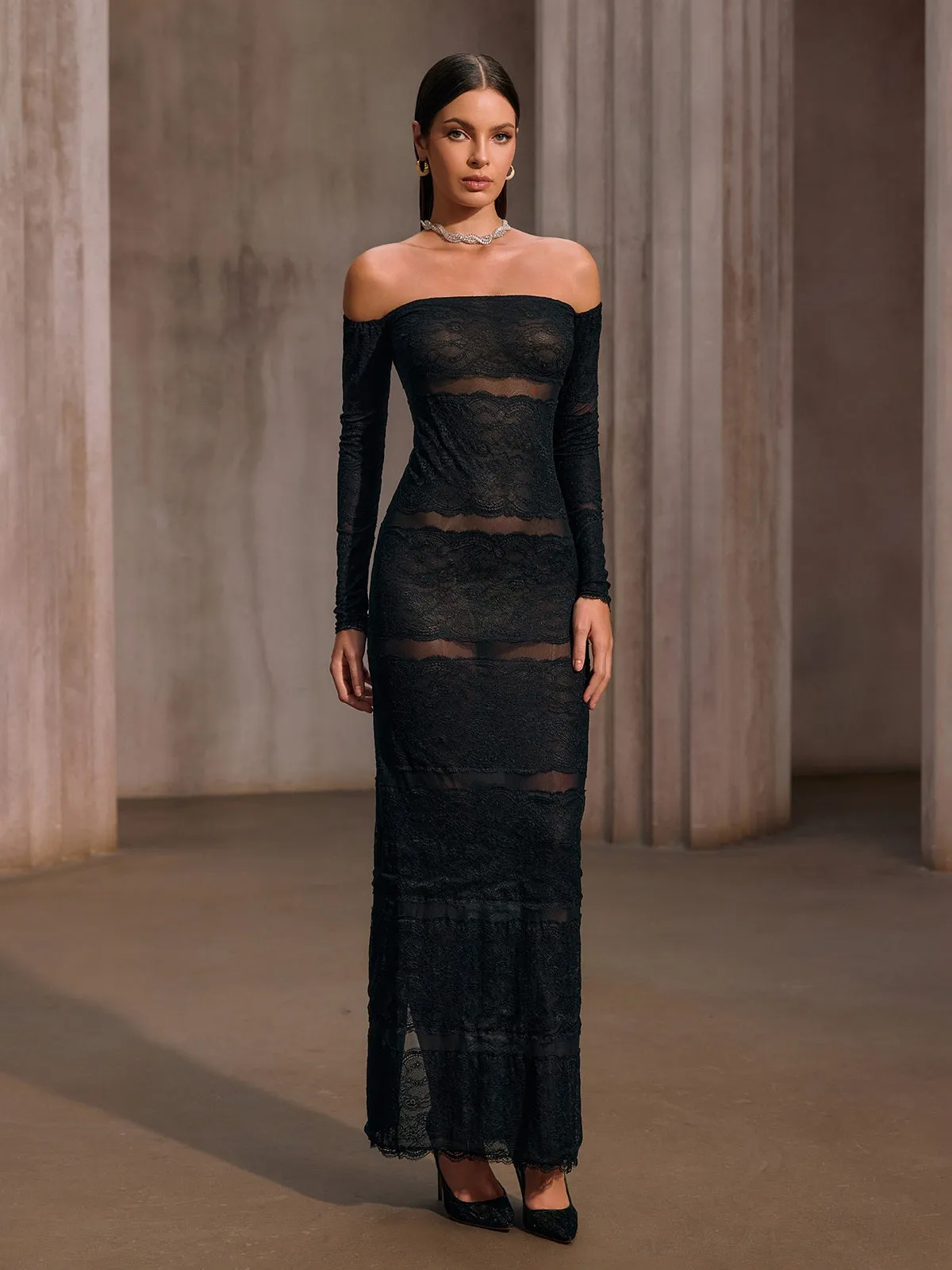 Hirnox Off Shoulder Mesh Lace Maxi Dress sold by Mew Mews product image thumbnail 4
