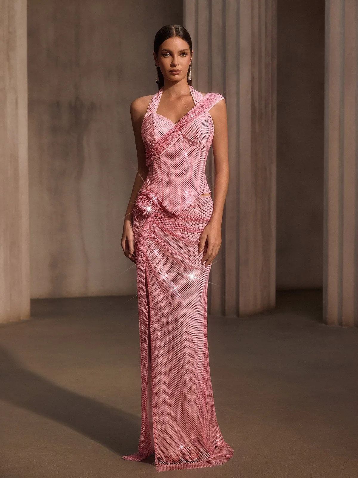 Gavixor Rhinestone Mesh Split Flower Maxi Dress sold by Mew Mews product image thumbnail 4