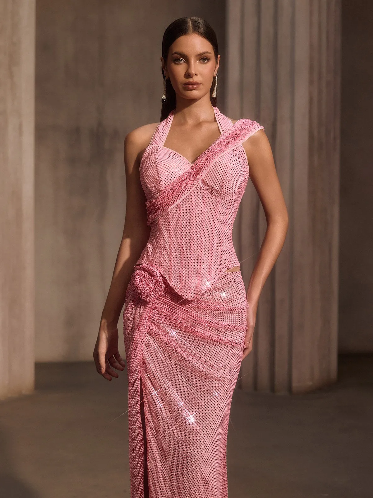 Gavixor Rhinestone Mesh Split Flower Maxi Dress sold by Mew Mews product image thumbnail 5