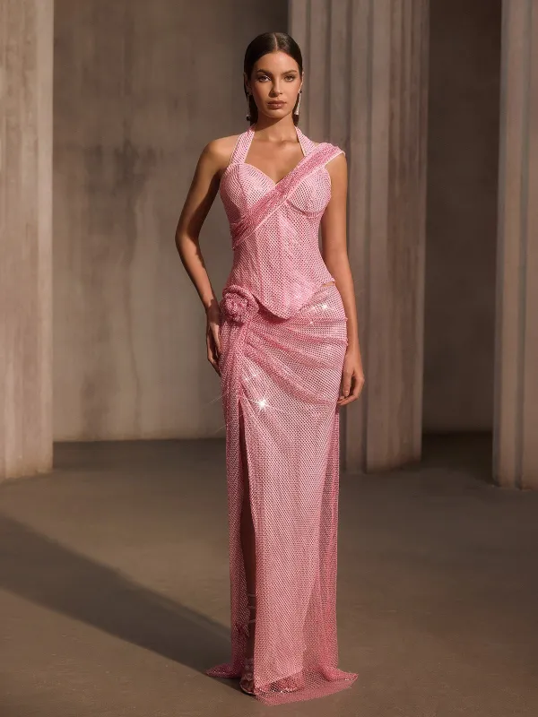 Gavixor Rhinestone Mesh Split Flower Maxi Dress sold by Mew Mews