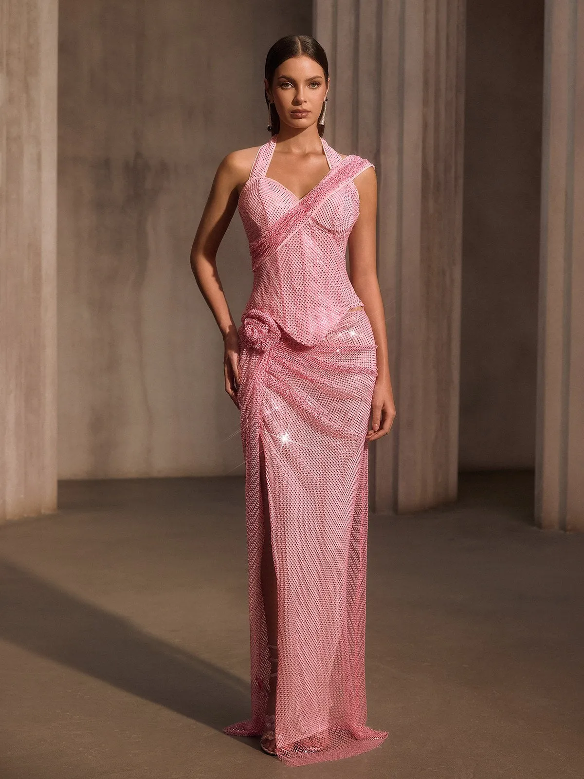 Gavixor Rhinestone Mesh Split Flower Maxi Dress sold by Mew Mews