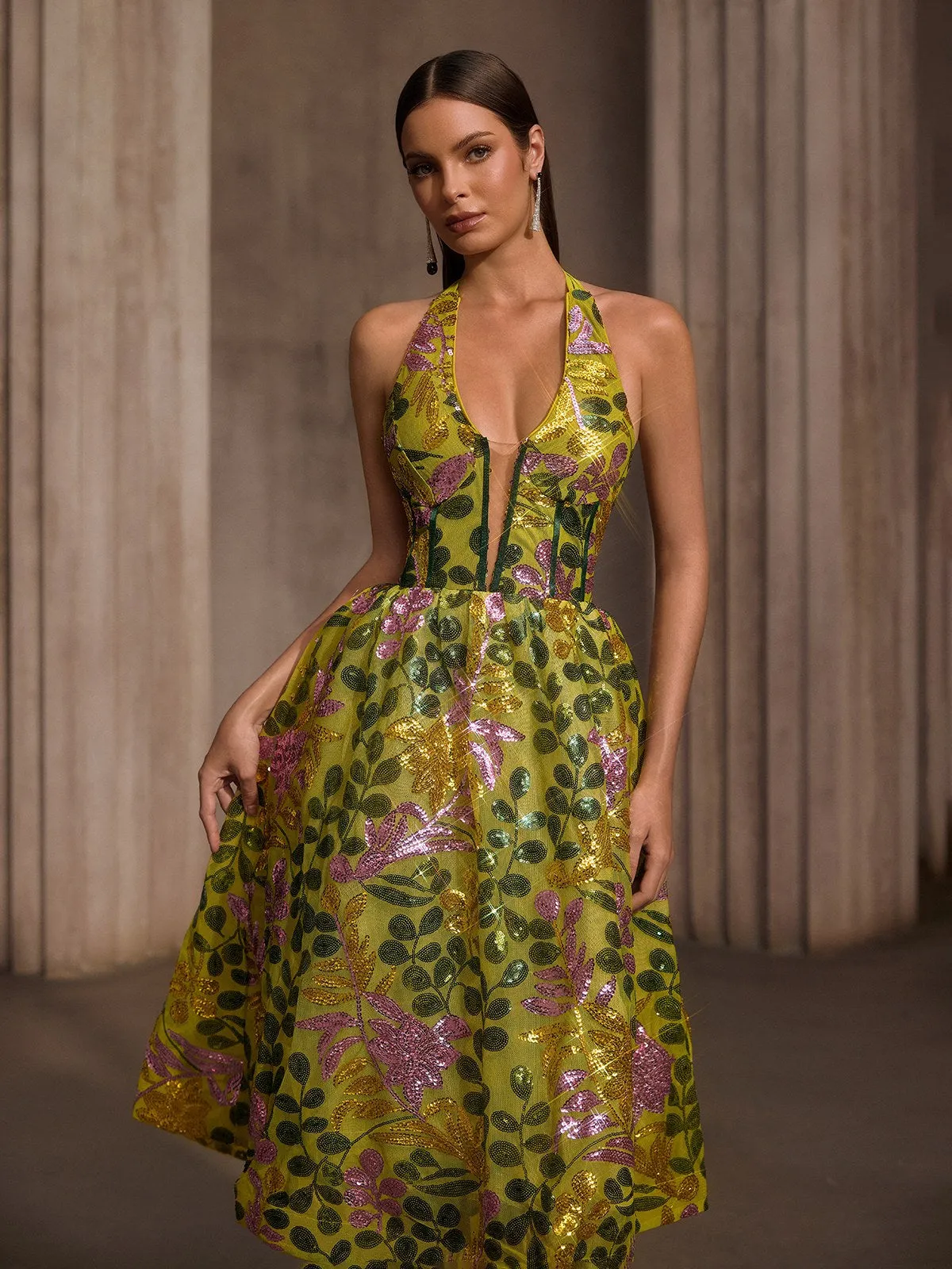 Javixor Plunge Neck Floral Sequin Midi Dress sold by Mew Mews product image thumbnail 5