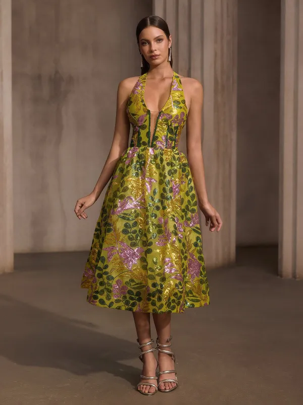 Javixor Plunge Neck Floral Sequin Midi Dress sold by Mew Mews