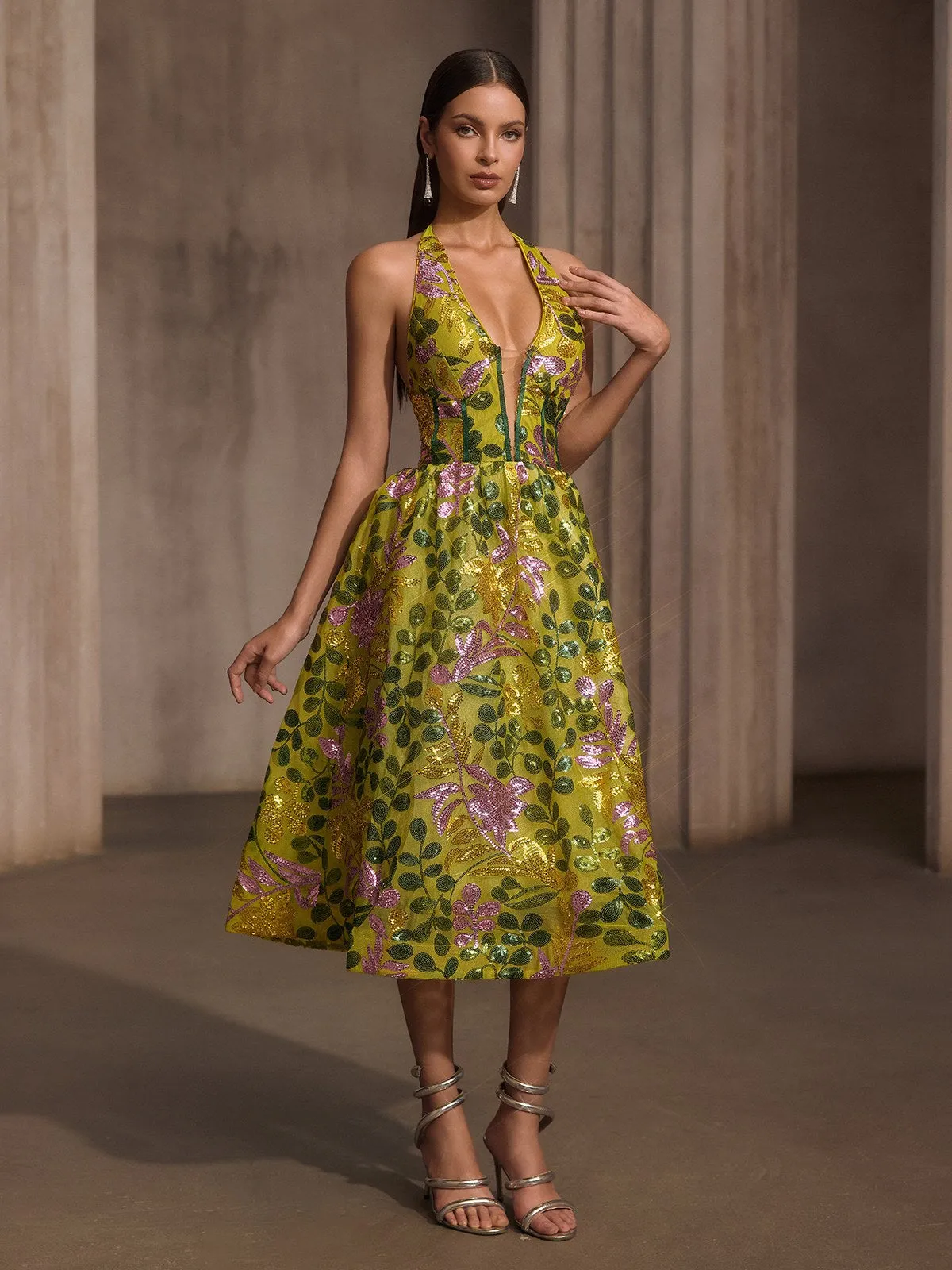 Javixor Plunge Neck Floral Sequin Midi Dress sold by Mew Mews product image thumbnail 4