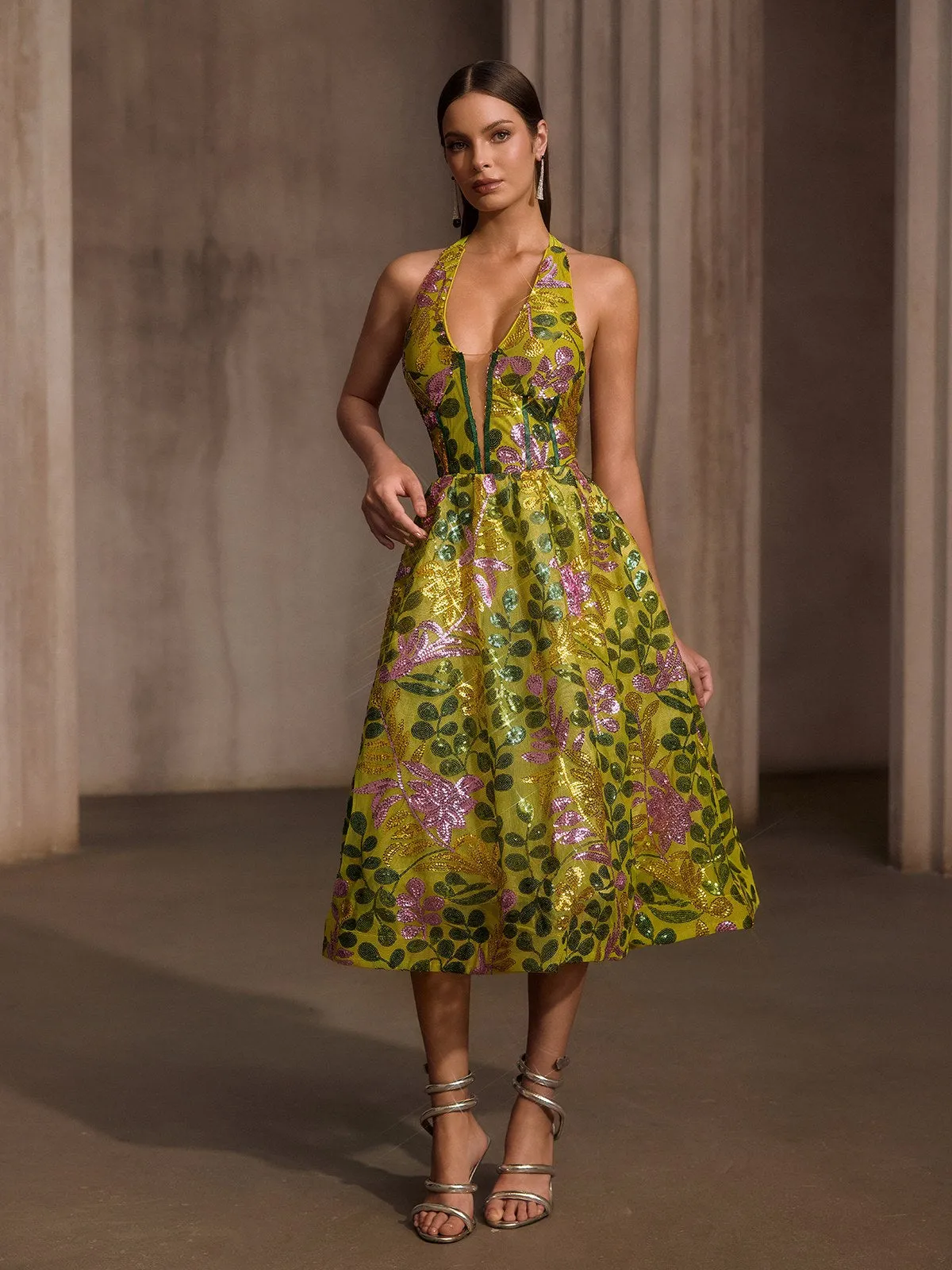 Javixor Plunge Neck Floral Sequin Midi Dress sold by Mew Mews product image thumbnail 2