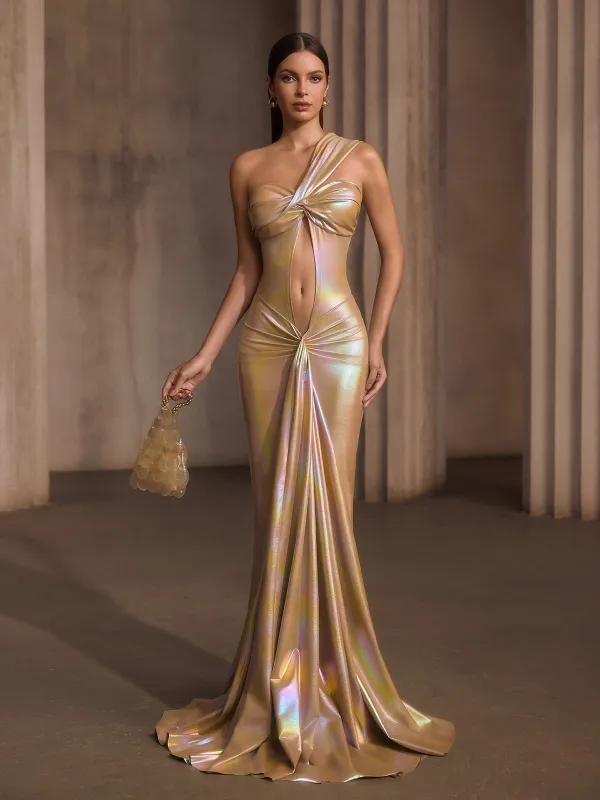 Mavoryx One Shoulder Cutout Metallic Maxi Dress sold by Mew Mews