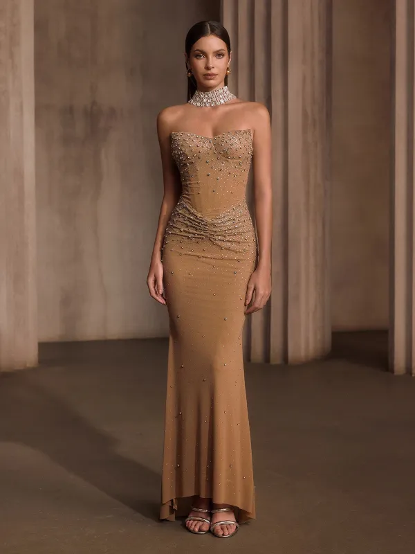 Nelyxor Strapless Rhinestone Corset Maxi Dress made by Mew Mews