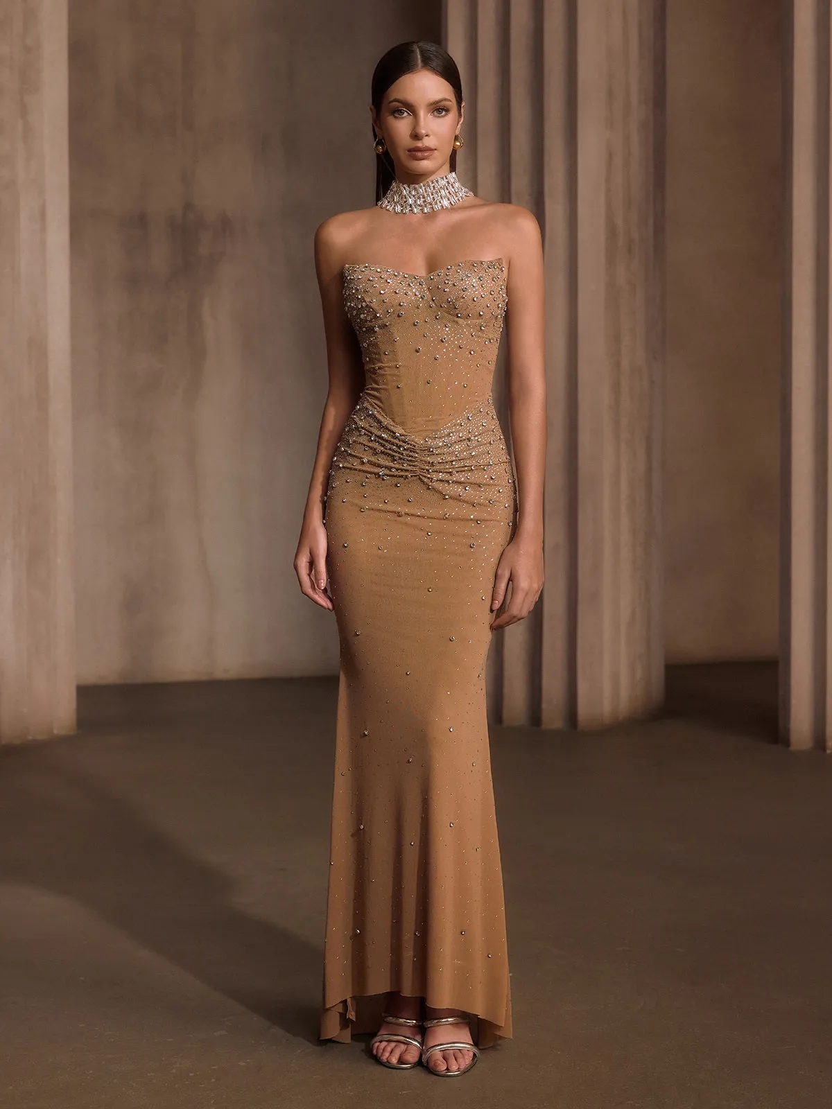 Nelyxor Strapless Rhinestone Corset Maxi Dress sold by Mew Mews