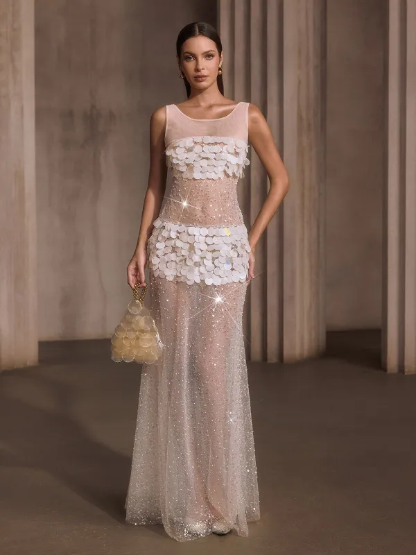 Relyxyn Pearl Sequin Mesh Maxi Dress made by Mew Mews