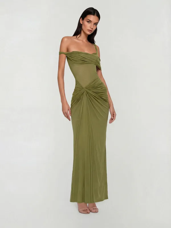 Urixa One Shoulder Ruched Maxi Dress made by Mew Mews