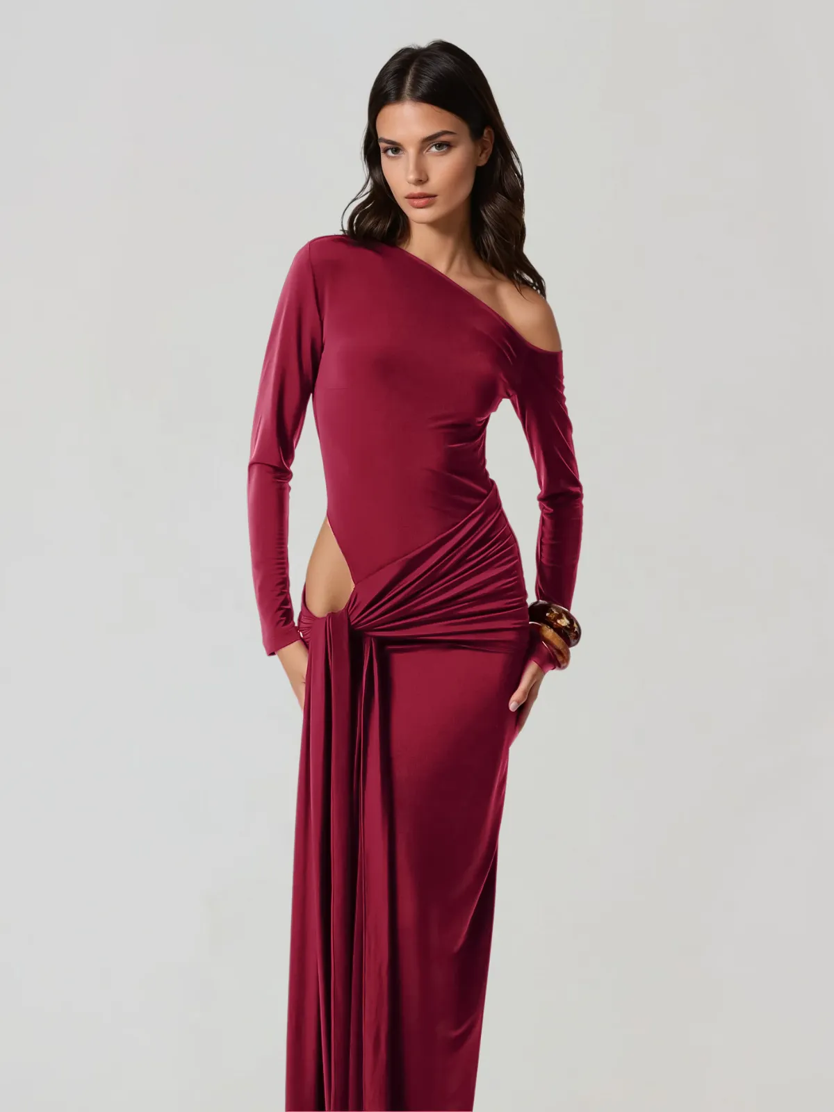 Synaptor One Shoulder Ruched Cutout Maxi Dress sold by Mew Mews