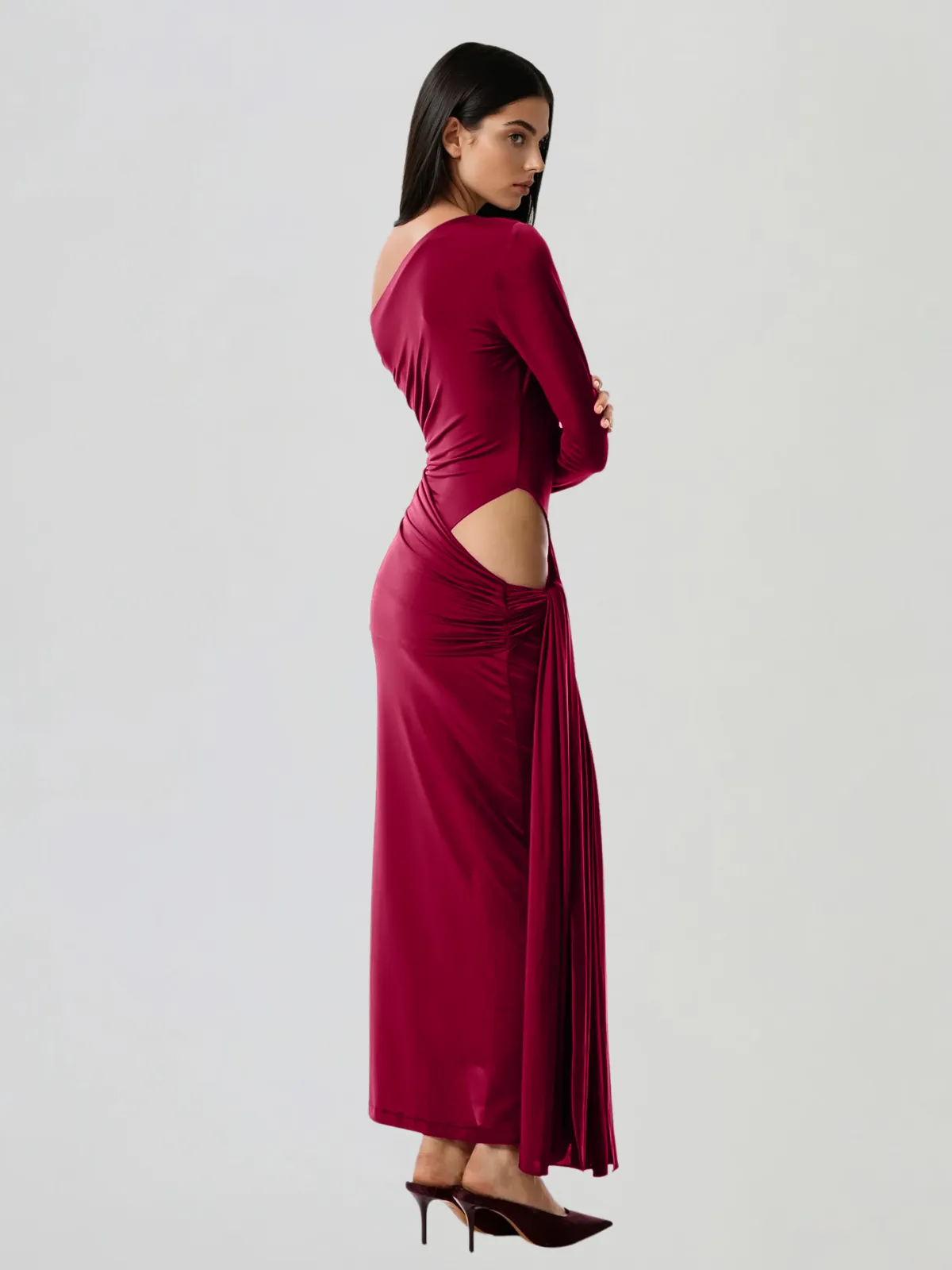 Synaptor One Shoulder Ruched Cutout Maxi Dress sold by Mew Mews product image thumbnail 3