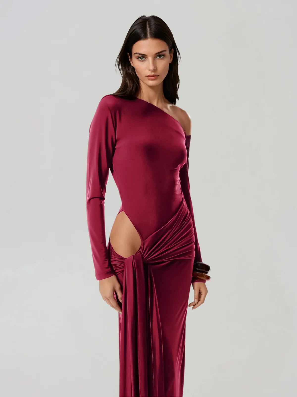 Synaptor One Shoulder Ruched Cutout Maxi Dress sold by Mew Mews product image thumbnail 2