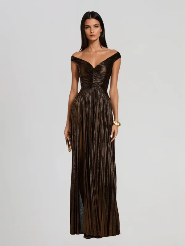 Zexila Off Shoulder Pleated Maxi Dress made by Mew Mews