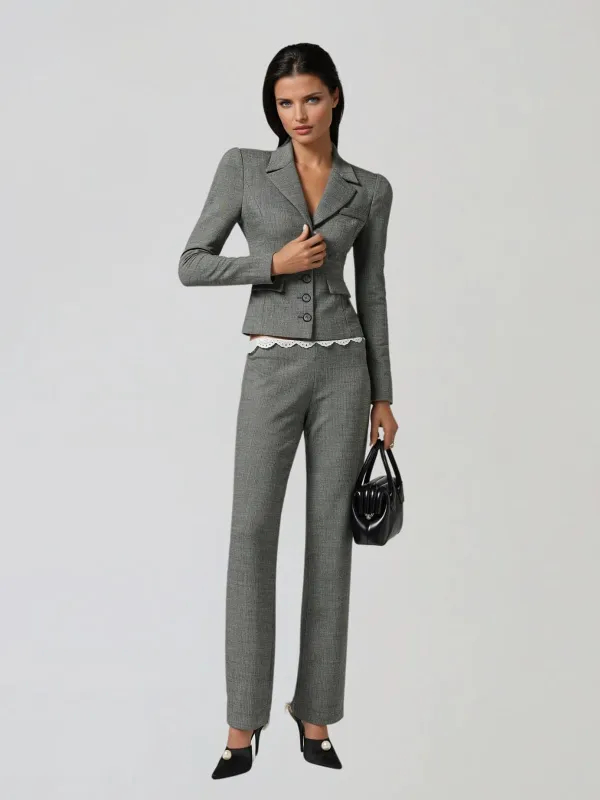 Rexila Long Sleeve Lace Blazer Set In Grey sold by Mew Mews