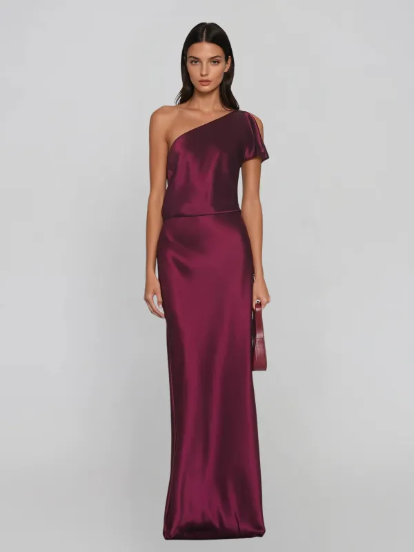 Elvoria One Shoulder Satin Maxi Dress made by Mew Mews