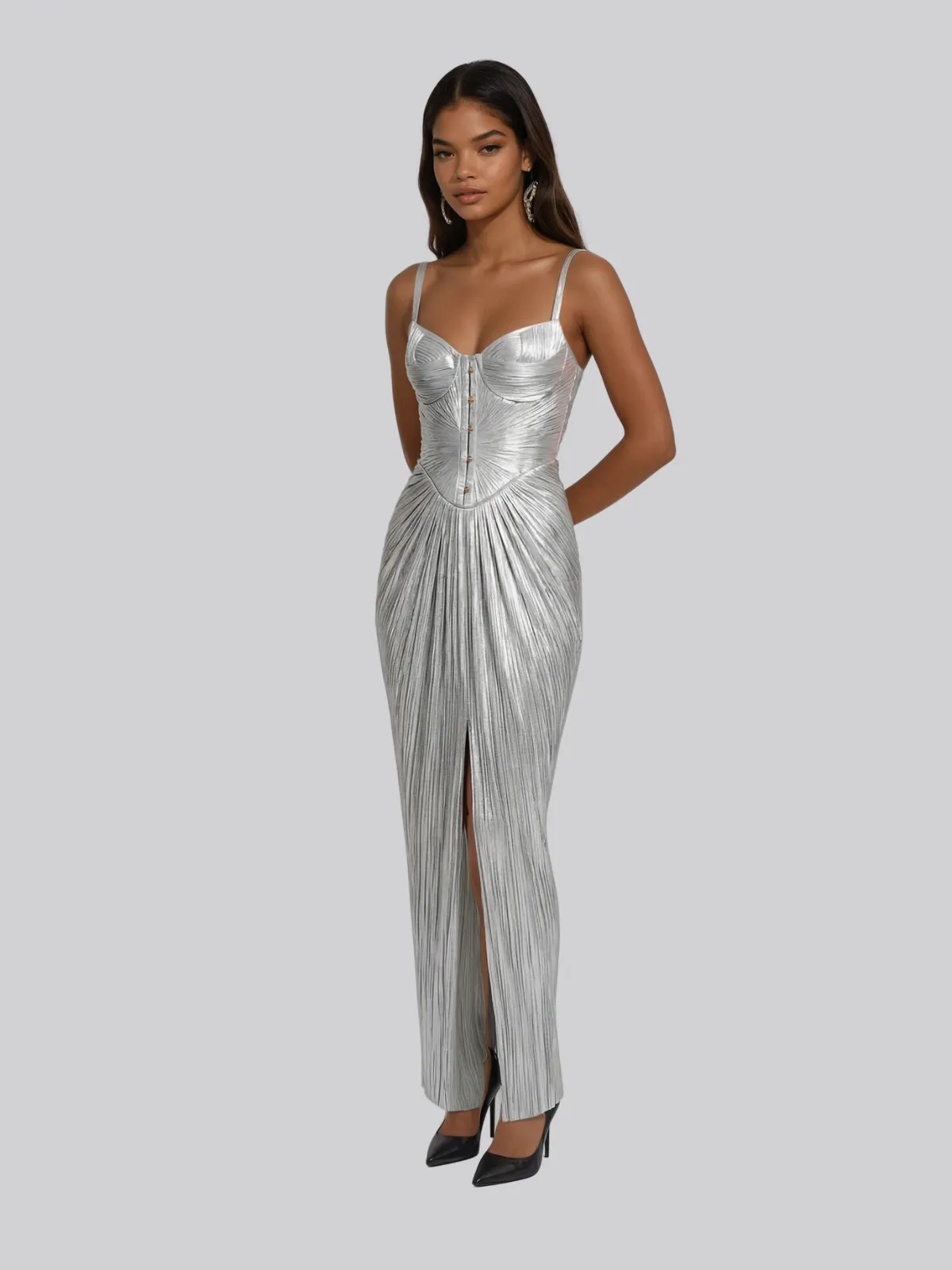 Heliox Metallic Corset Maxi Dress In Silver sold by Mew Mews product image thumbnail 3