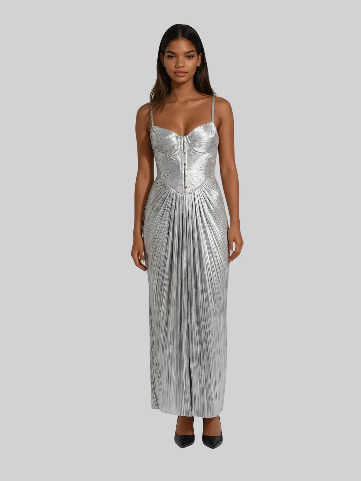 Heliox Metallic Corset Maxi Dress In Silver sold by Mew Mews product image thumbnail 2